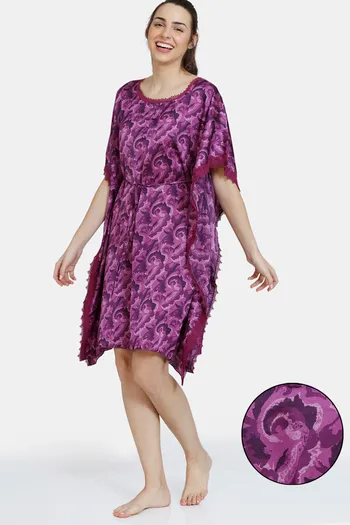 Buy Zivame Artsy Leaves Woven Knee Length Nightdress - Dark Purple